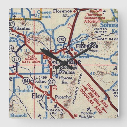 クーリッジアリゾナヴィンテージの地図 スクエア壁時計 (正面)