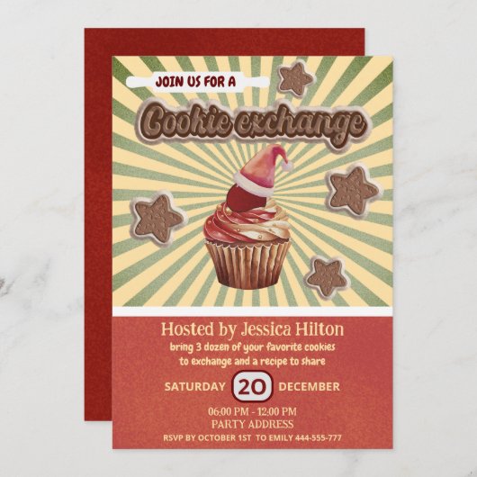 クールおもしろいうれしそうなタイポグラフィクッキー交換パーティー 招待状 (正面/裏面)