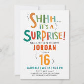 クールおもしろいカラフルサプライズパーティーブ絵を描ラシタイプ 招待状 (正面)