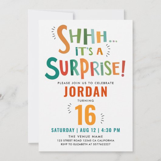 クールおもしろいカラフルサプライズパーティーブ絵を描ラシタイプ 招待状 (正面)