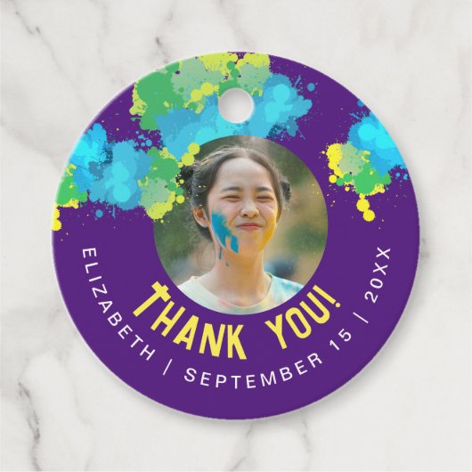 クールおもしろいカラフルパープルペイントボール（ばちゃばちゃ）跳ねる10代の フェイバータグ (正面)