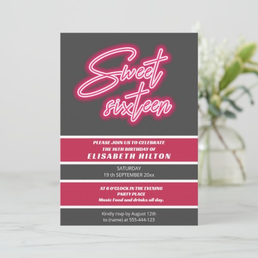 クールおもしろいネオンタイポグラフィストライプスウィート16 招待状 (スタンド正面)