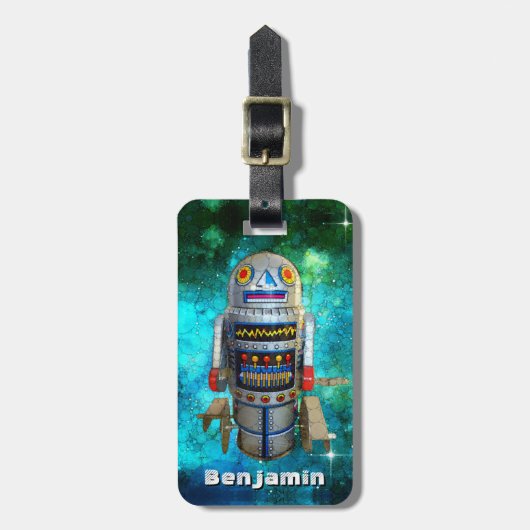 クールおもしろいレトロおもちゃロボットの銀河系追加あなたの名前 ラゲッジタグ (正面縦)