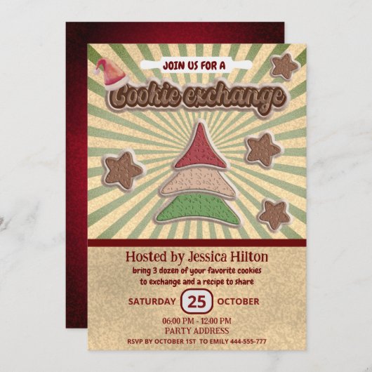 クールおもしろいレトロタイポグラフィクッキー交換パーティー 招待状 (正面/裏面)