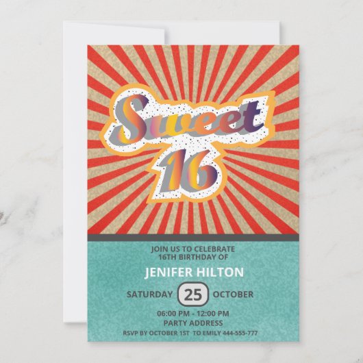 クールおもしろいレトロタイポグラフィスウィート16 招待状 (正面)