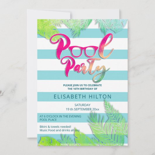 クールおもしろい夏のスクリプトプールパーティー誕生日 招待状 (正面)