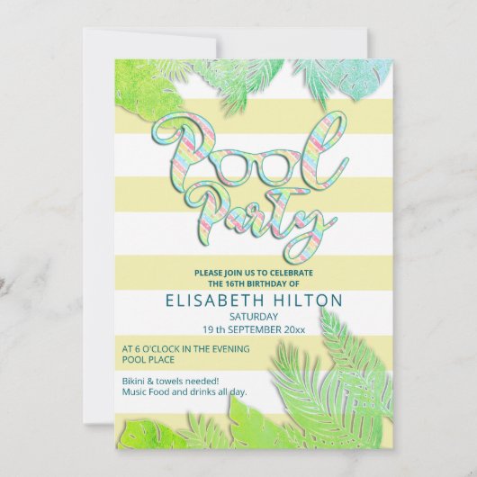 クールおもしろい夏のスクリプトプールパーティー誕生日 招待状 (正面)