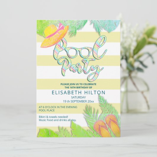 クールおもしろい夏のスクリプトプールパーティー誕生日 招待状 (スタンド正面)