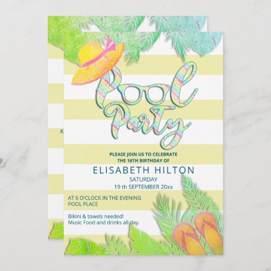 クールおもしろい夏のスクリプトプールパーティー誕生日 招待状 (正面/裏面)