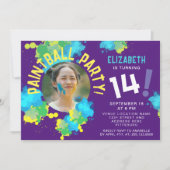 クールおもしろい紫カラフルペイントボールカラー（ばちゃばちゃ）跳ねる 招待状 (正面)