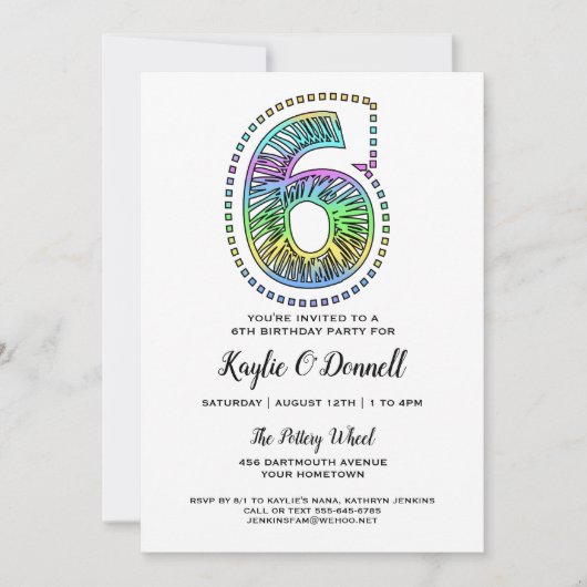 クールお洒落おもしろい6th誕生日パーティーへの招待 招待状 (正面)