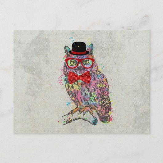 クールでおもしろいで粋でカラフルな水彩画のフクロウ ポストカード (正面)