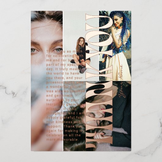 クールでエレガントなお礼の卒業用箔押しカード 箔招待状 (正面)