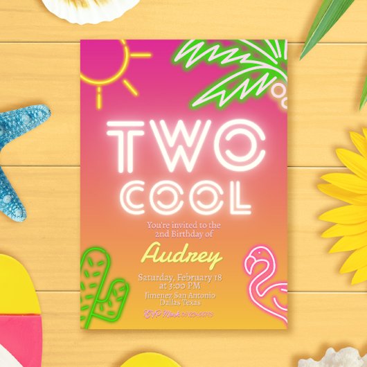 クールでトロピカルなピンクのネオンプールパーティー 招待状