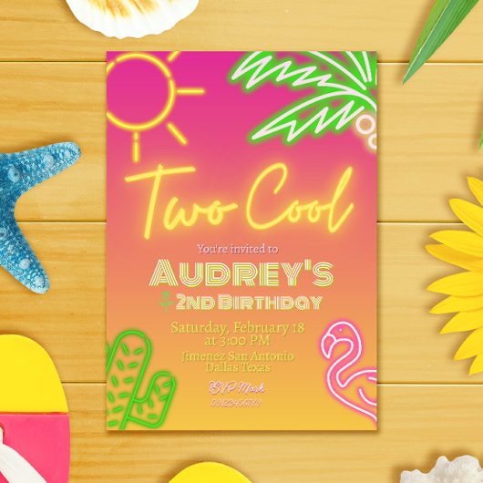 クールでトロピカルなピンクのネオンポンプールパーティーの招待状 招待状