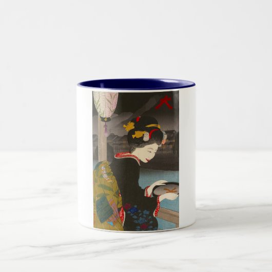 クールで伝統的な日本のwoodprintのクラシックの芸者 ツートーンマグカップ (中央)
