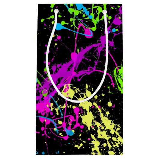 クールで抽象的なレトロの虹のペンキの(ばちゃばちゃ)跳ねるの黒 スモールペーパーバッグ (正面)