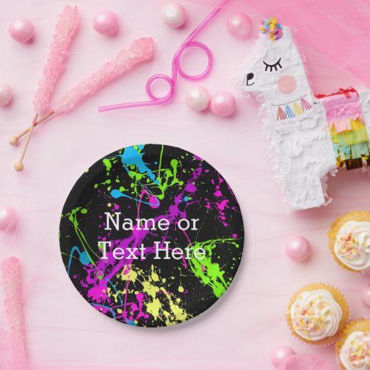 クールで抽象的なレトロの虹のペンキの(ばちゃばちゃ)跳ねるの黒 ペーパープレート (パーティー)