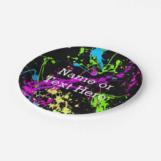 クールで抽象的なレトロの虹のペンキの(ばちゃばちゃ)跳ねるの黒 ペーパープレート (アングル)