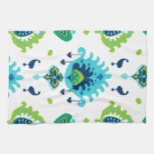 クールで明るく青および緑の種族のイカットのプリント キッチンタオル (横)