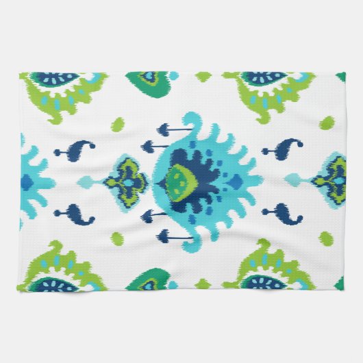 クールで明るく青および緑の種族のイカットのプリント キッチンタオル (横)