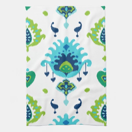 クールで明るく青および緑の種族のイカットのプリント キッチンタオル (縦)