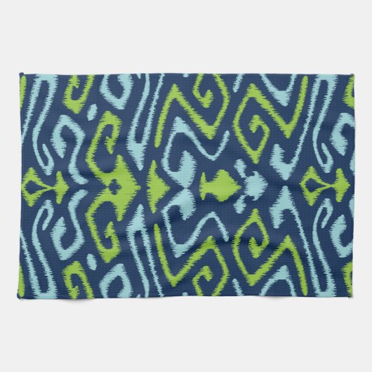 クールで暗い濃紺および緑の種族のイカットは印刷します キッチンタオル (横)