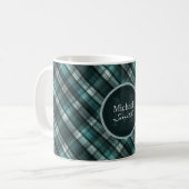 クールで暗い青緑色の(青緑の)格子縞 コーヒーマグカップ (正面左)