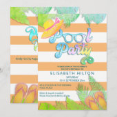 クールで楽しいサマー・スクリプト・プールパーティの誕生日 招待状 (正面/裏面)