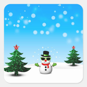 クールで楽しい雪だるま スパークリー クリスマスツリー 青 スクエアシール