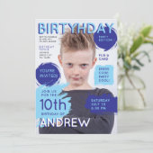 クールで楽しい青い雑誌の表紙少年 誕生日 写真 招待状 (スタンド正面)