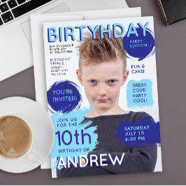 クールで楽しい青い雑誌の表紙少年 誕生日 写真  招待状