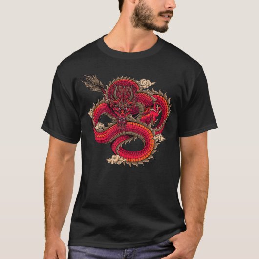 クールで激しいレッドドラゴンのアート Tシャツ (正面)
