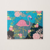 クールで粋でシックでかわいいピンクのガーリーな花のフラミンゴ ジグソーパズル (横)