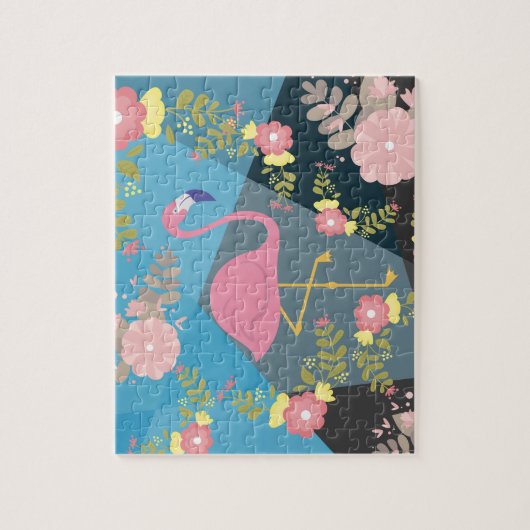 クールで粋でシックでかわいいピンクのガーリーな花のフラミンゴ ジグソーパズル (縦)
