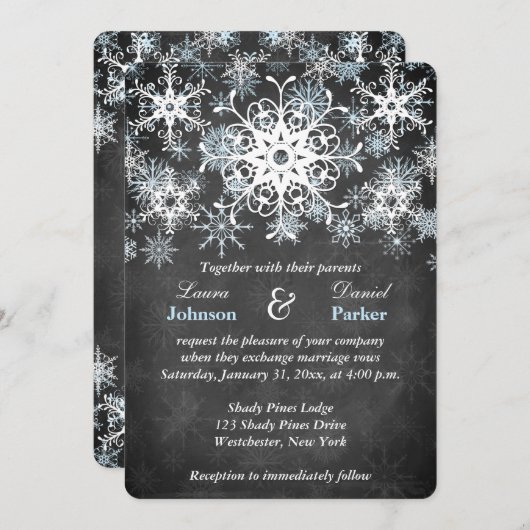 クールで青いSnowyの黒板のスタイルの結婚式の招待 招待状 (正面/裏面)