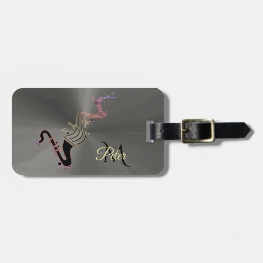クールで黒いサクソフォーンおよび音楽ノートのモノグラム ラゲッジタグ (正面横)