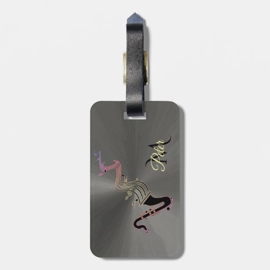 クールで黒いサクソフォーンおよび音楽ノートのモノグラム ラゲッジタグ (裏面縦)