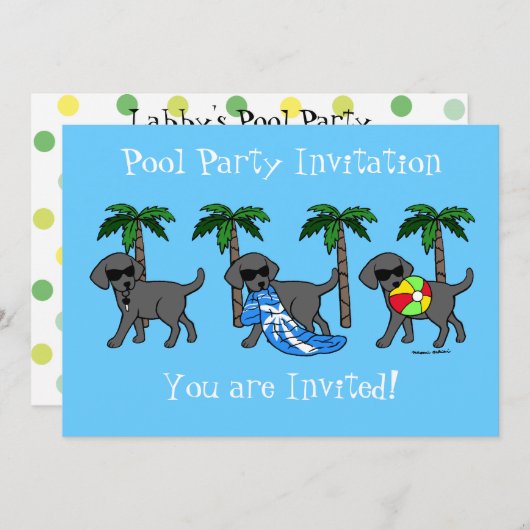 クールで黒いラブラドールのプールを囲んでのパーティ 招待状 (正面/裏面)