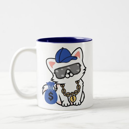 クールなお金持ち猫のキャラクター ツートーンマグカップ (左)