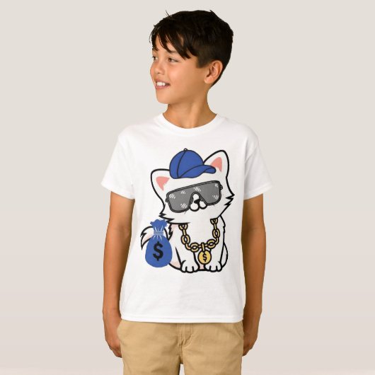 クールなお金持ち猫のキャラクター Tシャツ (正面フル)