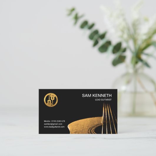 クールなオレンジ水色のギターのギタリスト 名刺 (スタンド正面)