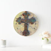 クールなキリスト教の十字の円のモザイク模様 ラージ壁時計 (ホーム)