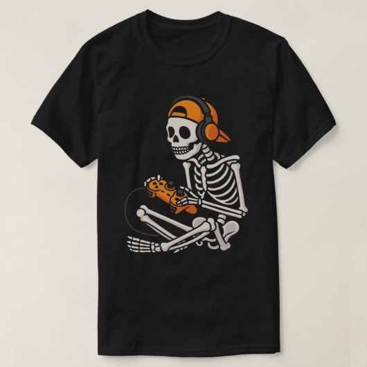 クールなゲーマー骸骨ヘッドホン – おもしろゲーミング Tシャツ (デザイン正面)