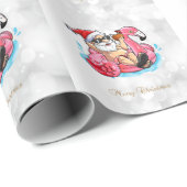 クールなサンタクロース、ピンクのフラミンゴ、ビーチのボケ  ラッピングペーパー (ロールコーナー)