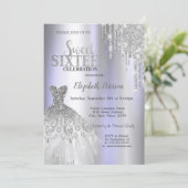 クールなシルバーグリッターがしたたり落ちる、ドレス ヴィオレット スイート16 招待状 (スタンド正面)