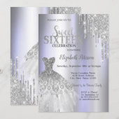 クールなシルバーグリッターがしたたり落ちる、ドレス ヴィオレット スイート16 招待状 (正面/裏面)