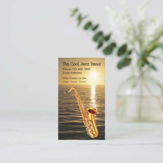 クールなジャズ日没のサクソフォーンのテーマ 名刺 (スタンド正面)