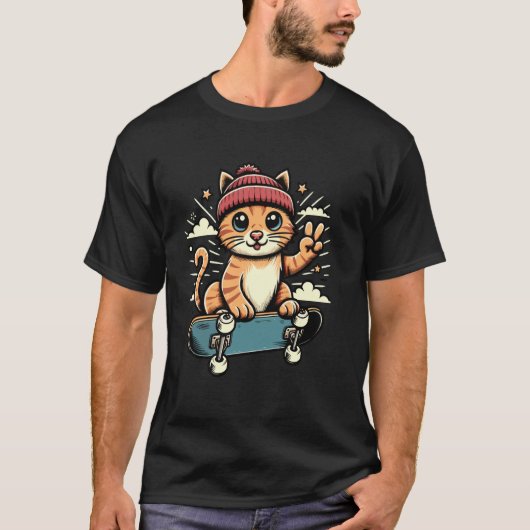 クールなスケボー猫 Tシャツ (正面)