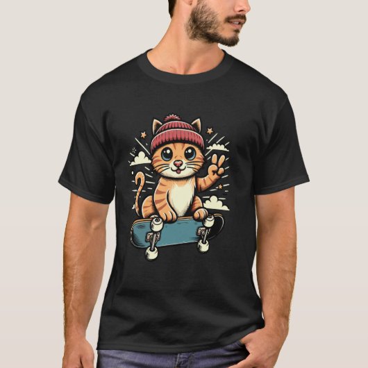 クールなスケボー猫 Tシャツ (正面)